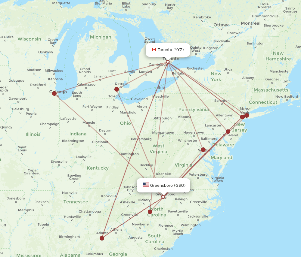 Toronto - Greensboro/High Point route map and flight paths