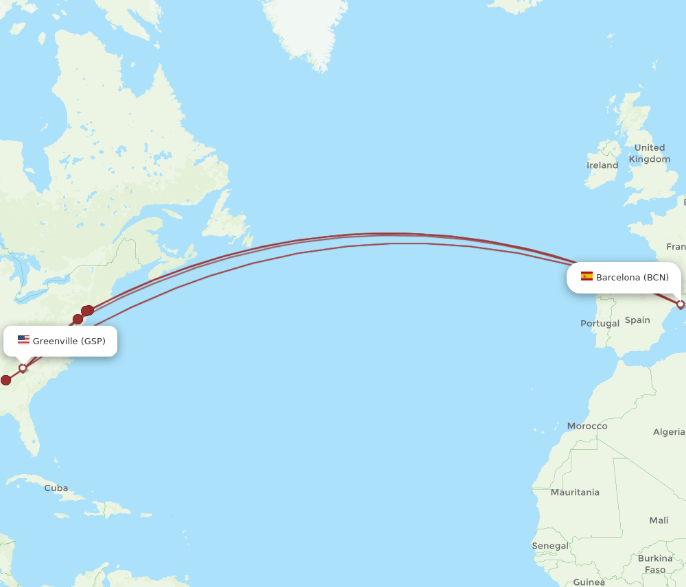 GSP to BCN flights and routes map