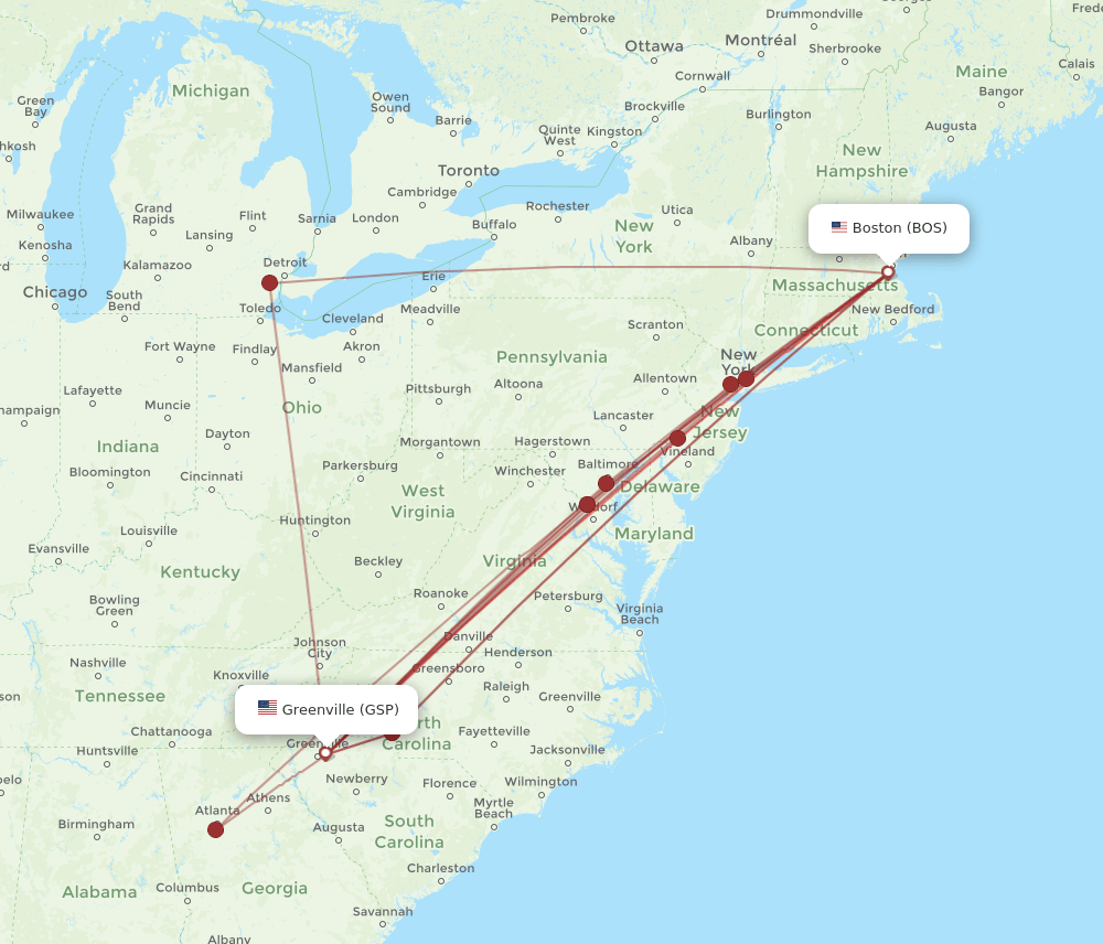 GSP-BOS flight routes