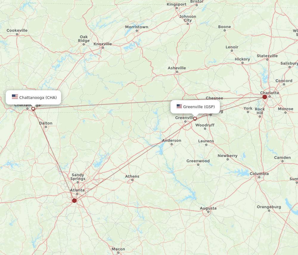 GSP to CHA flights and routes map