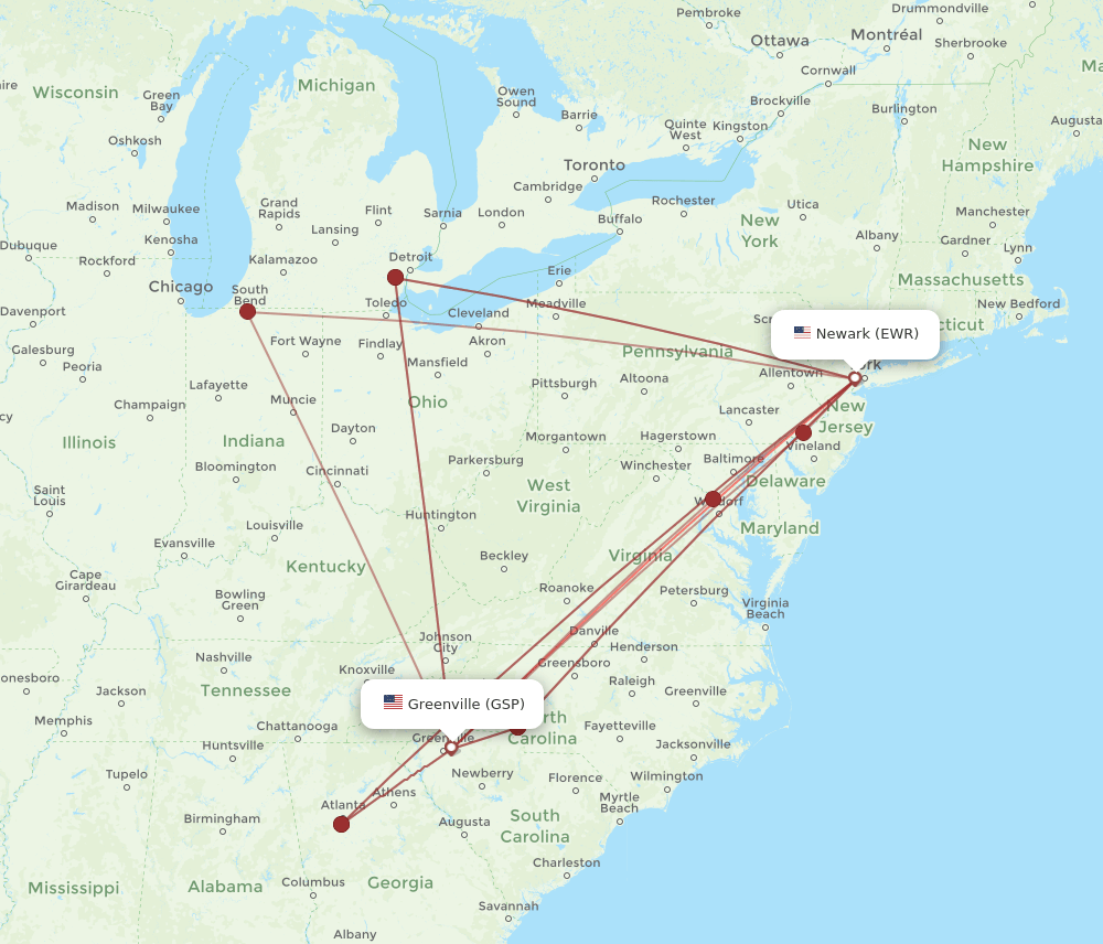 GSP to EWR flights and routes map