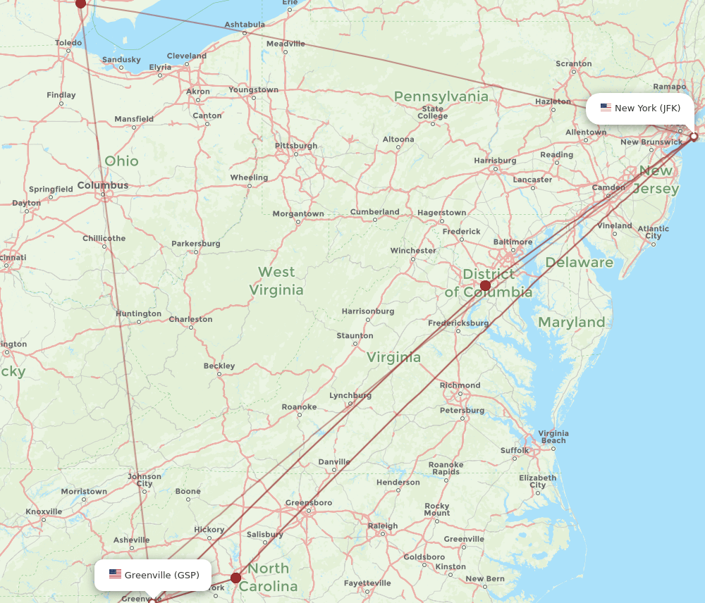 GSP-JFK flight routes