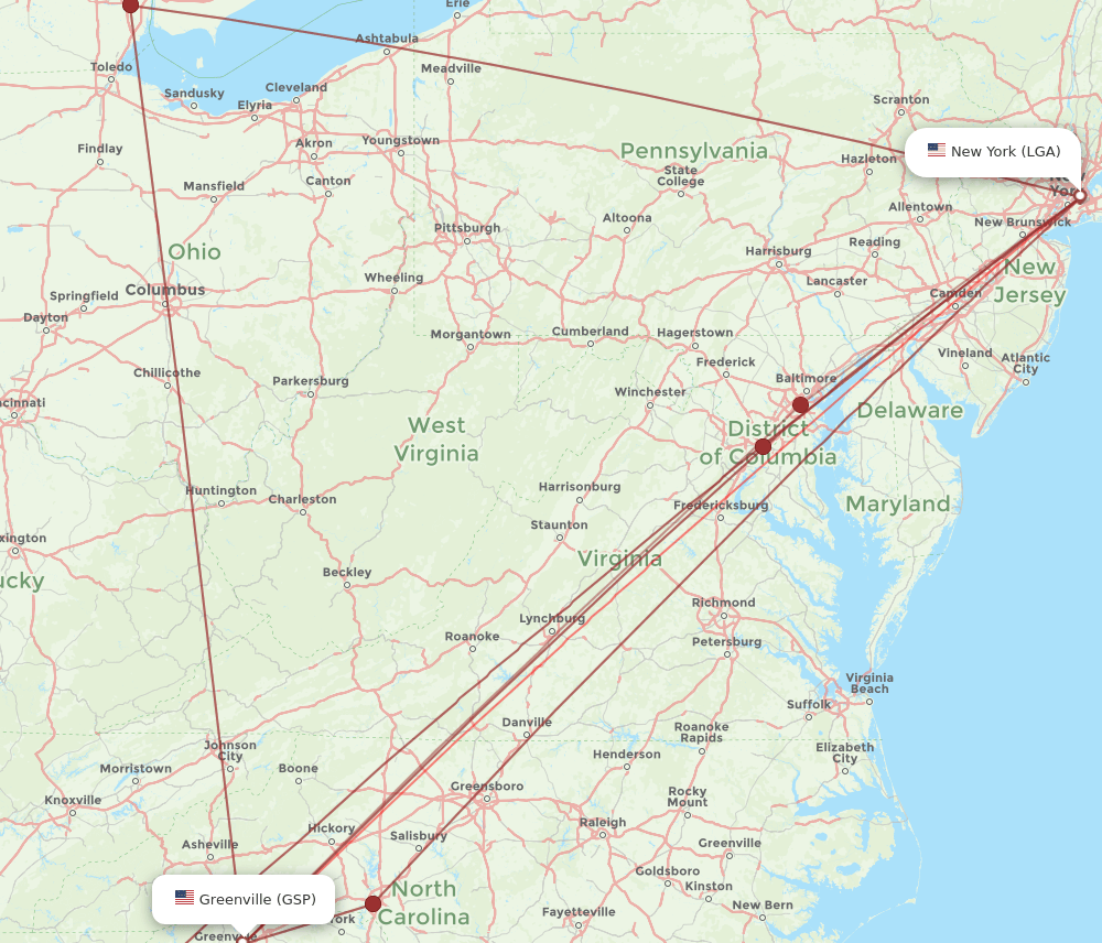 GSP-LGA flight routes