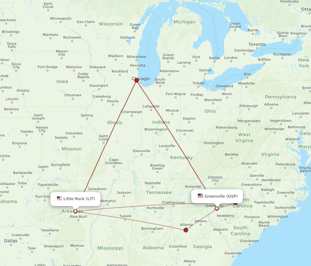 GSP to LIT flights and routes map