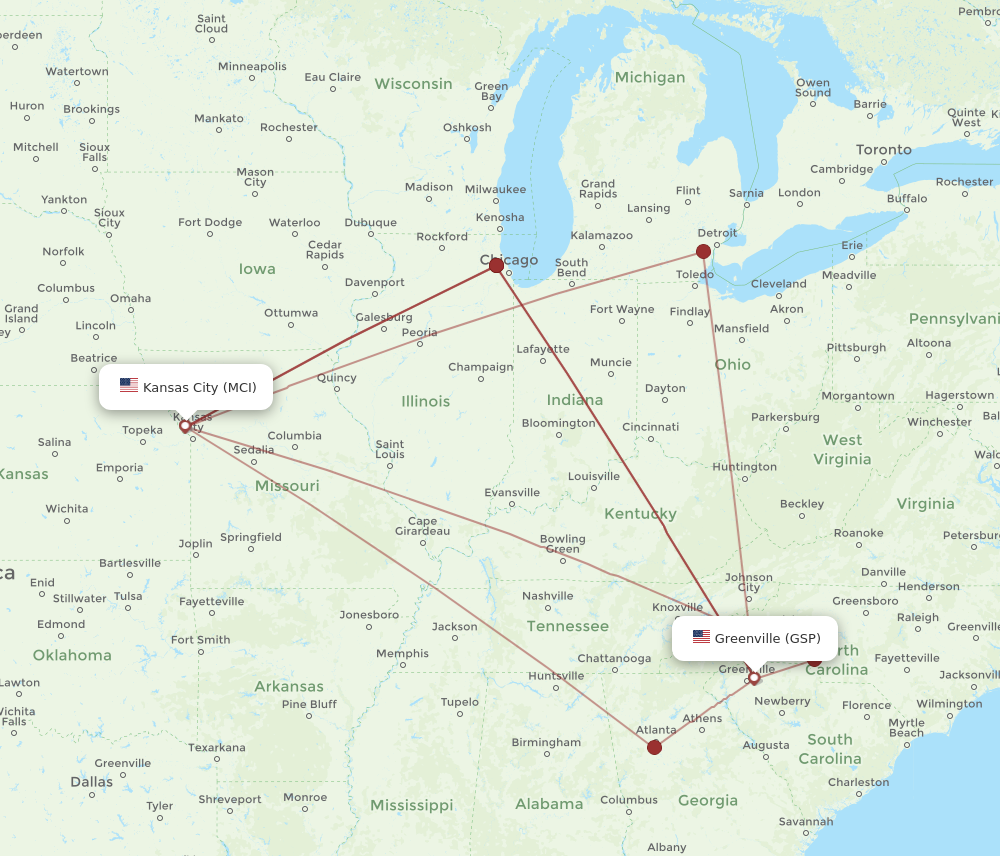 GSP to MCI flights and routes map
