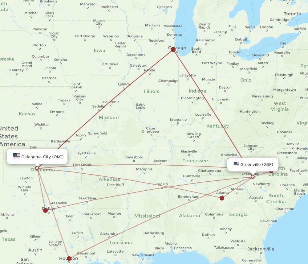 GSP-OKC flight routes