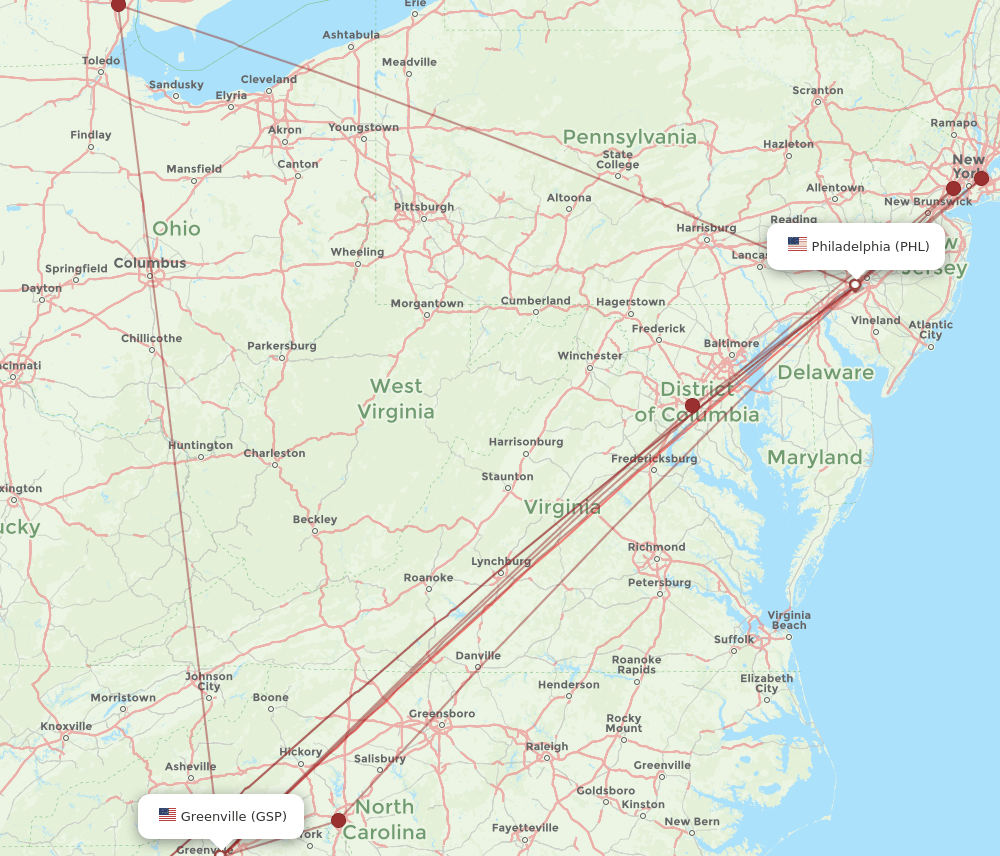 GSP-PHL flight routes