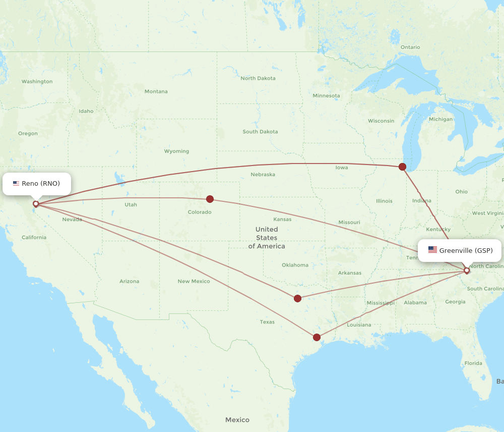 GSP to RNO flights and routes map