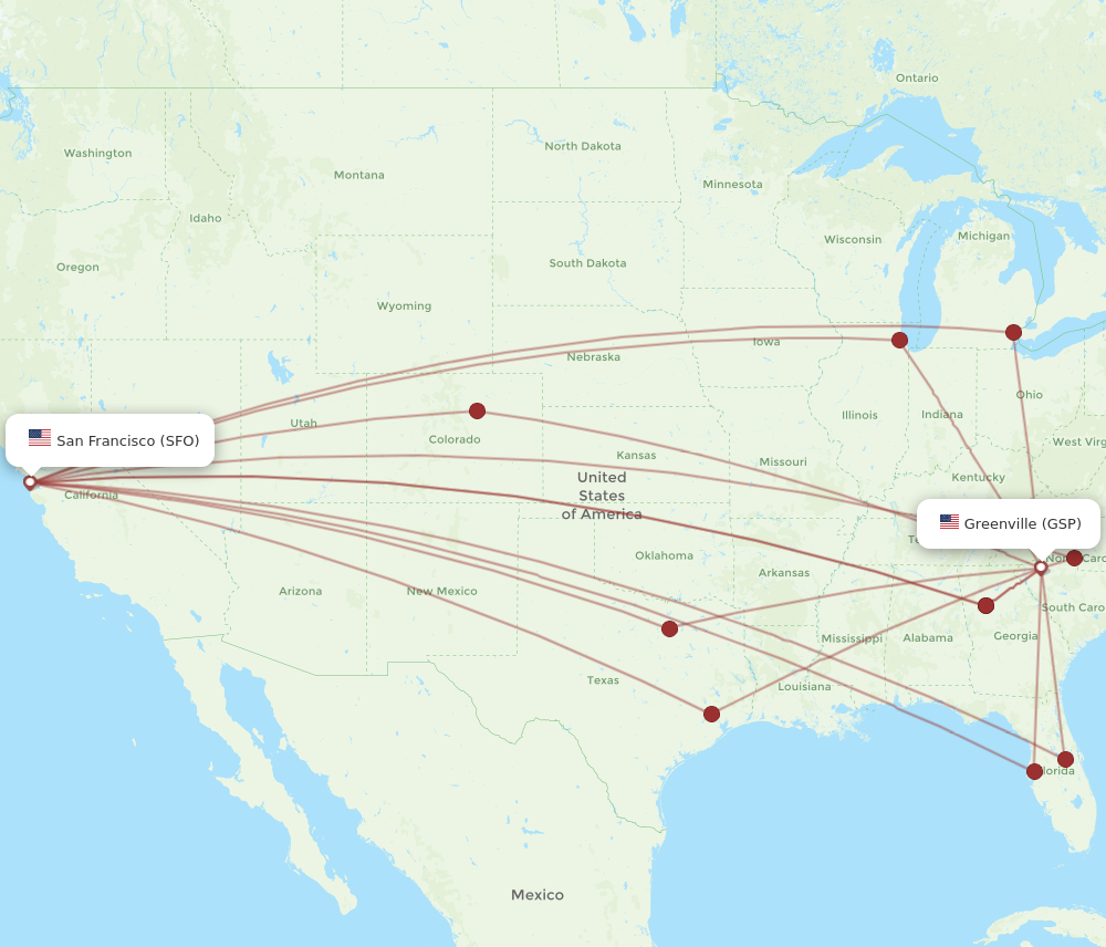 GSP to SFO flights and routes map