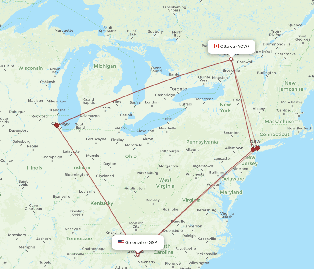 GSP-YOW flight routes