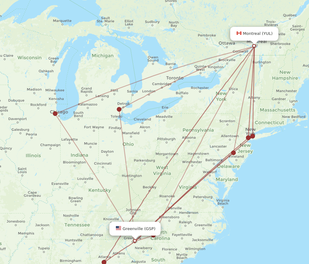 GSP-YUL flight routes