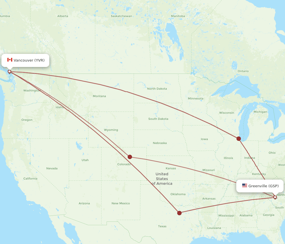 Vancouver - Greenville route map and flight paths