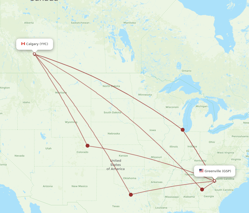 Calgary - Greenville route map and flight paths