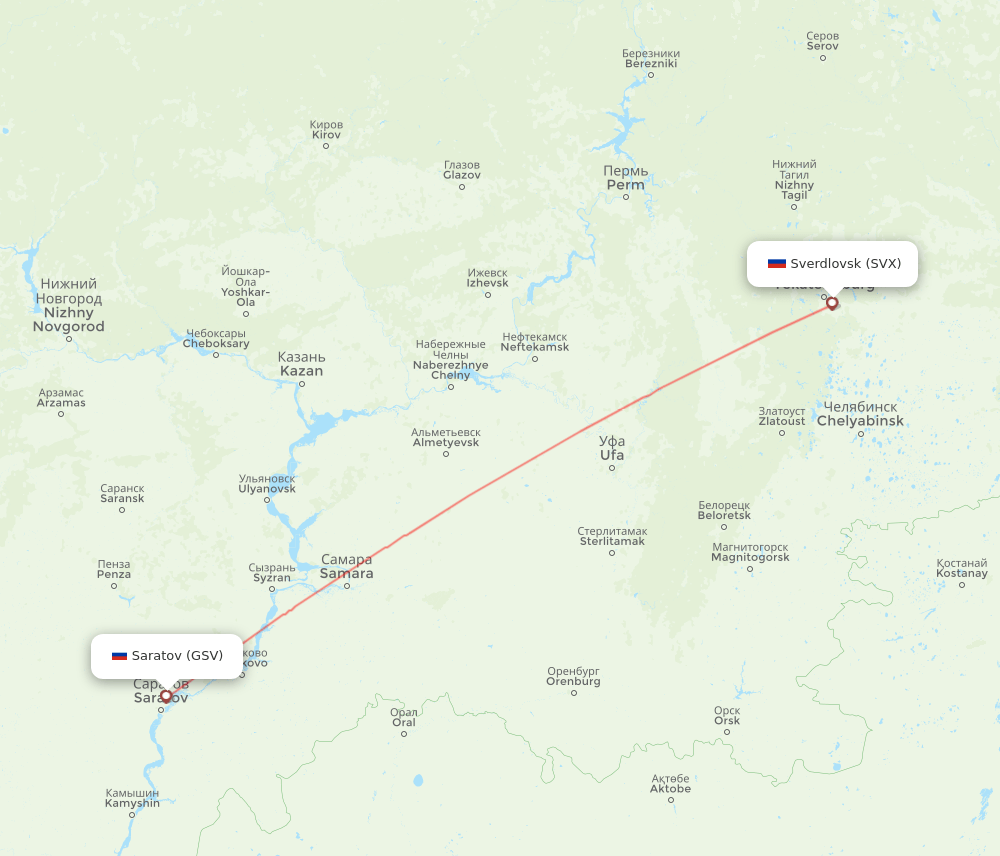Saratov - Yekaterinburg route map and flight paths