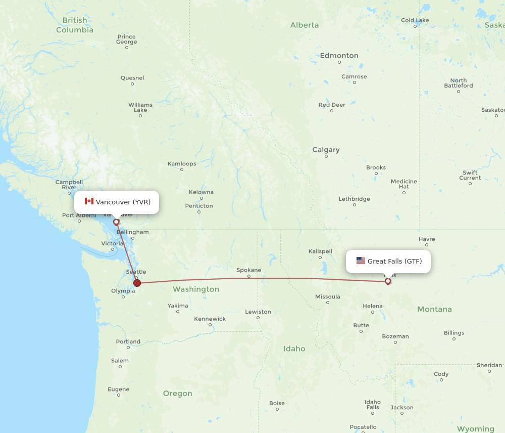 GTF to YVR flights and routes map