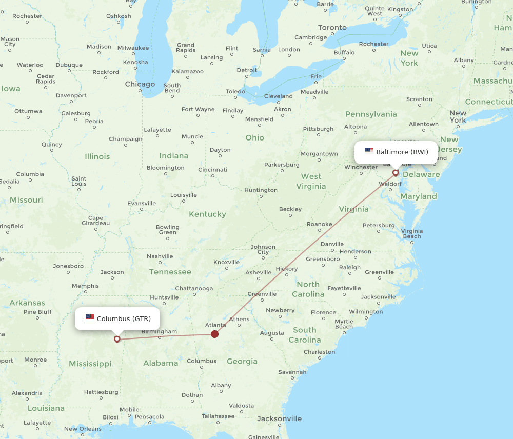 GTR-BWI flight routes