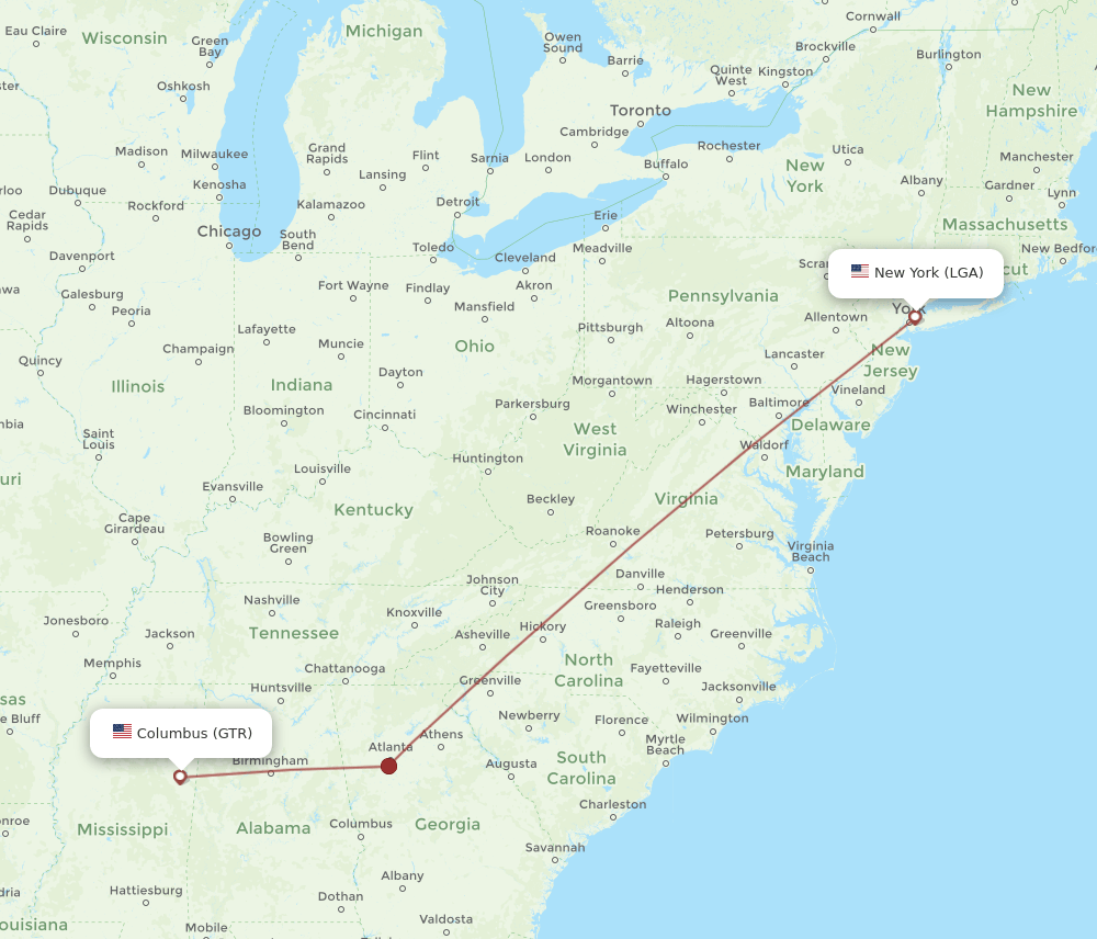 GTR-LGA flight routes