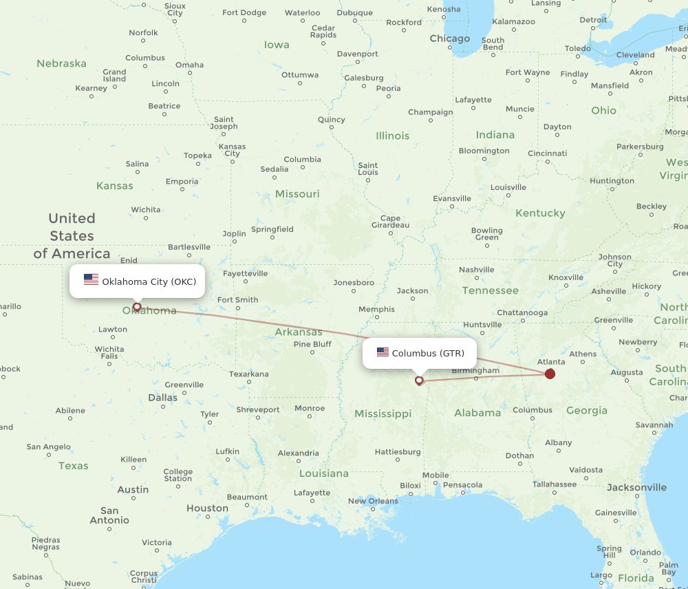 GTR-OKC flight routes