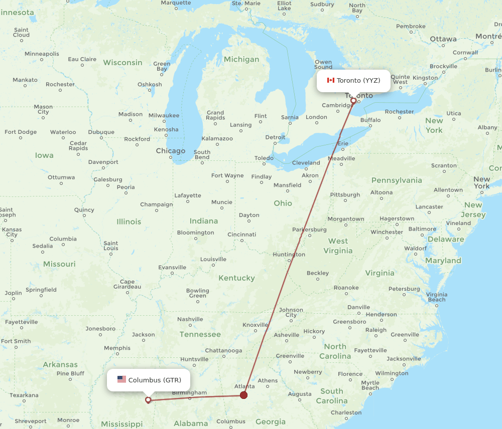 GTR to YYZ flights and routes map