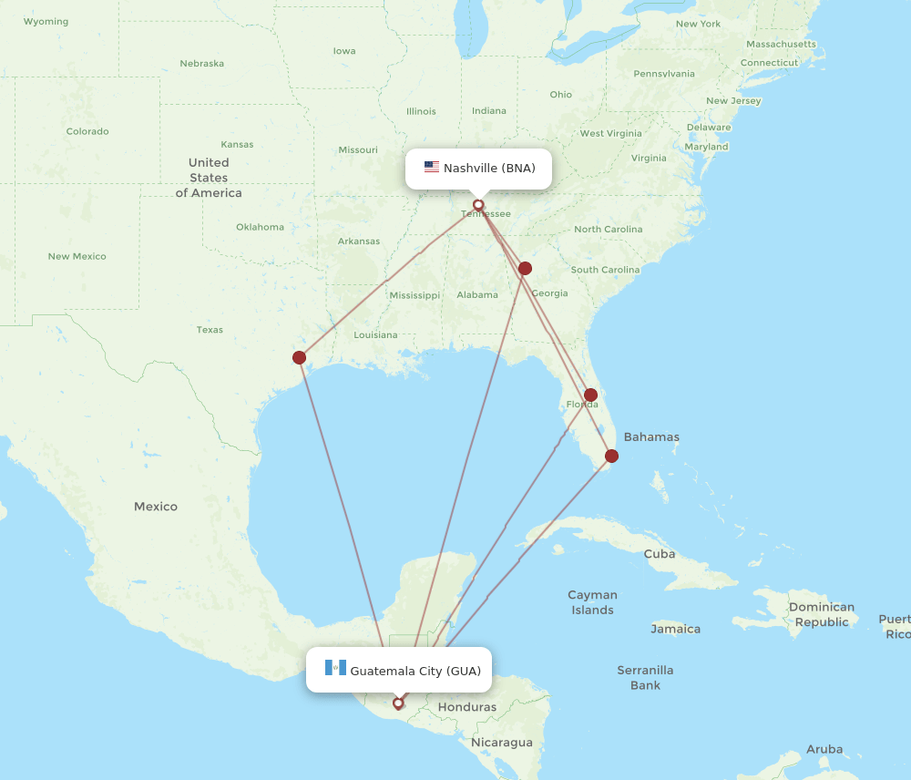 GUA to BNA flights and routes map