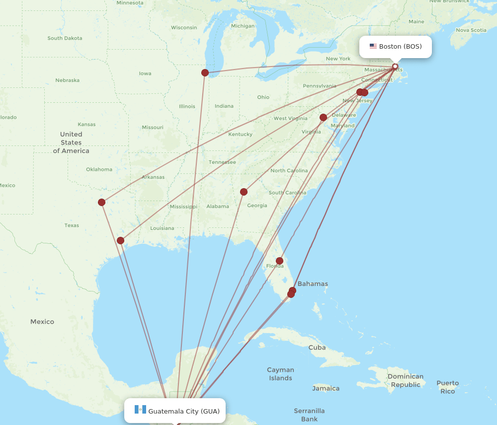 GUA-BOS flight routes