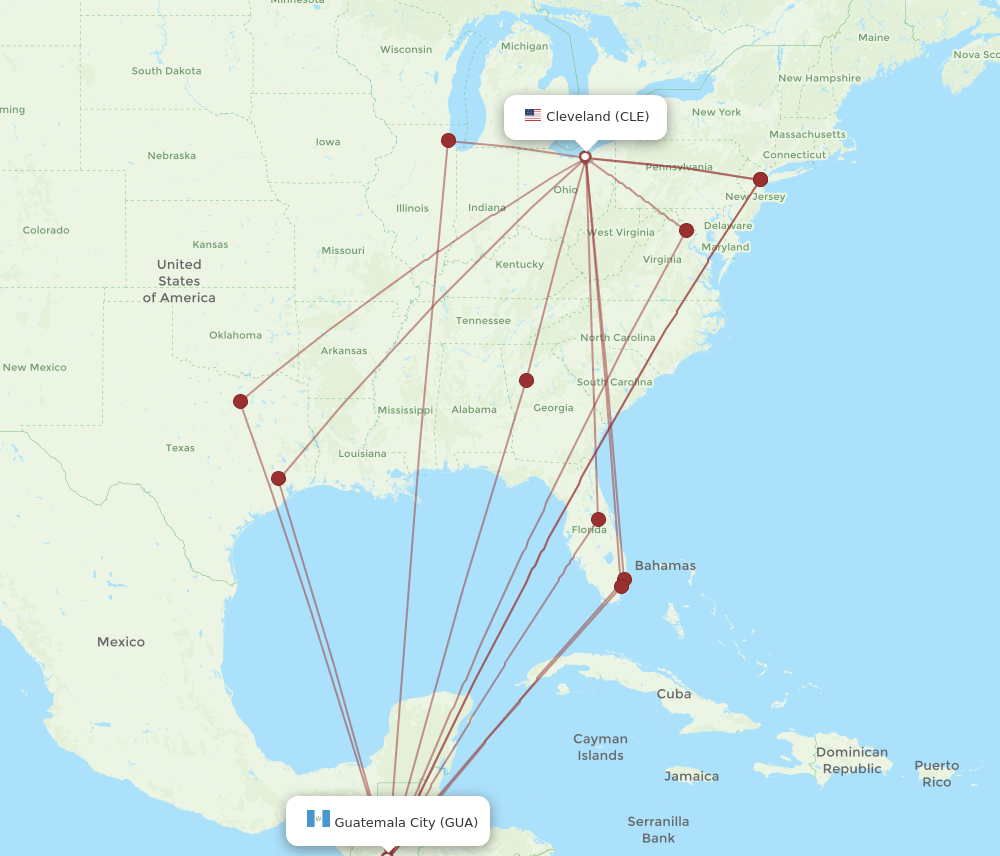 GUA-CLE flight routes