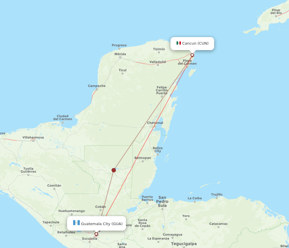 GUA to CUN flights and routes map
