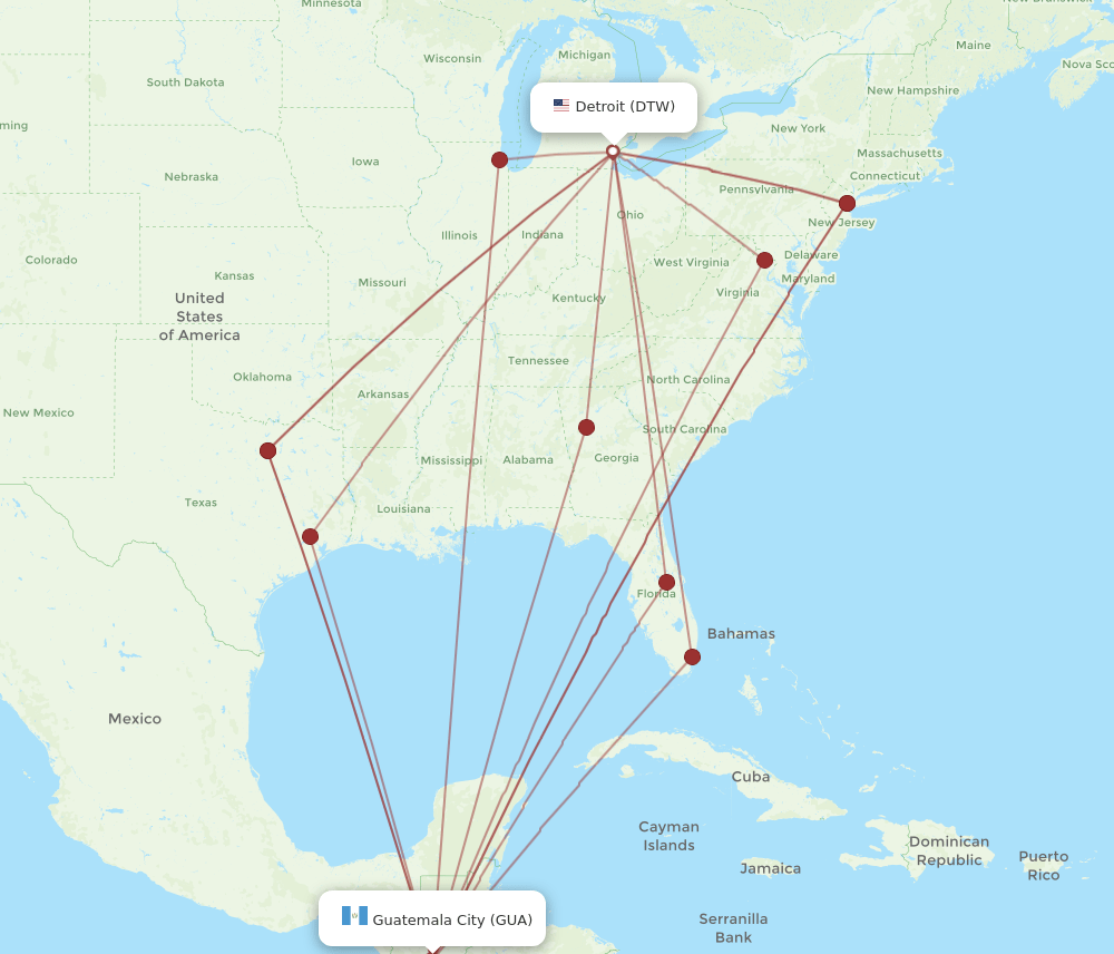 GUA to DTW flights and routes map