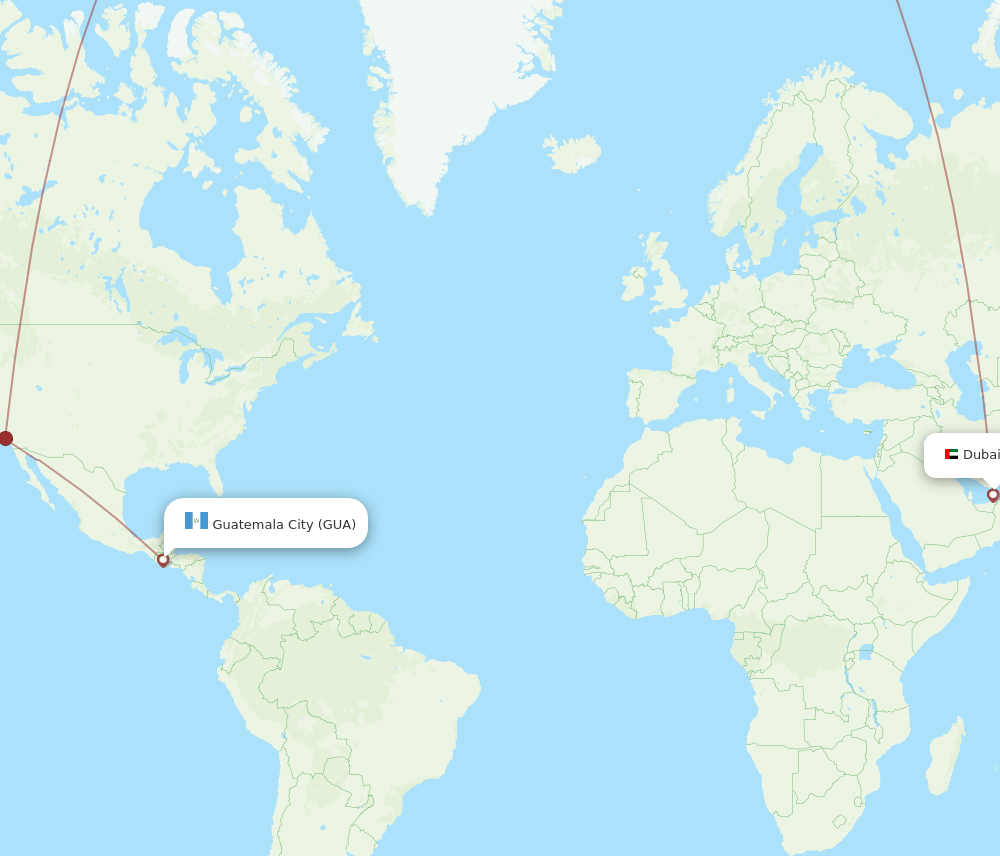 Dubai - Guatemala City route map and flight paths