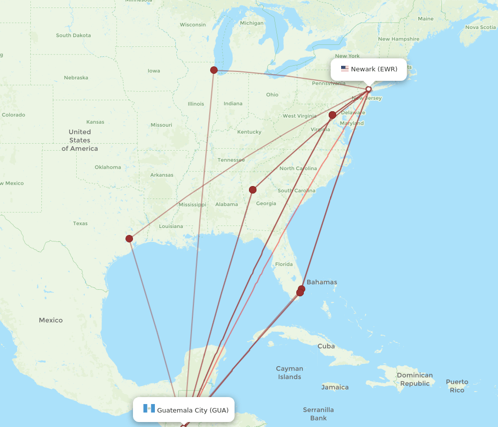 GUA-EWR flight routes