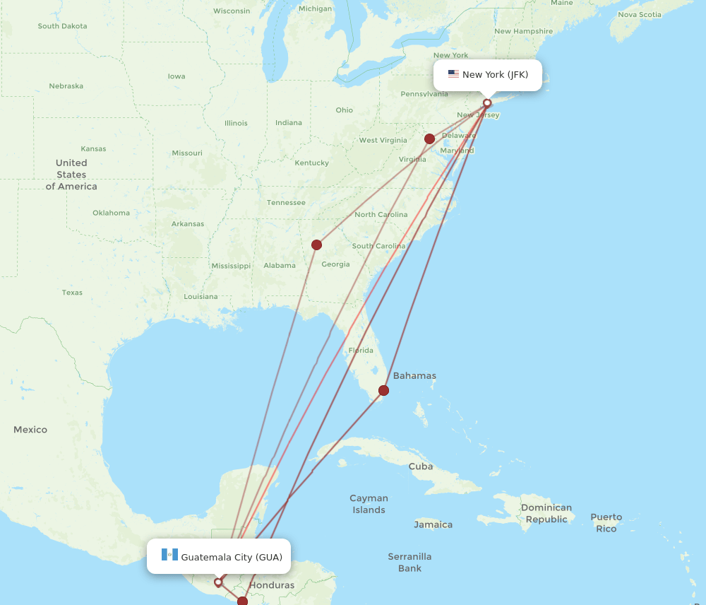 GUA to JFK flights and routes map