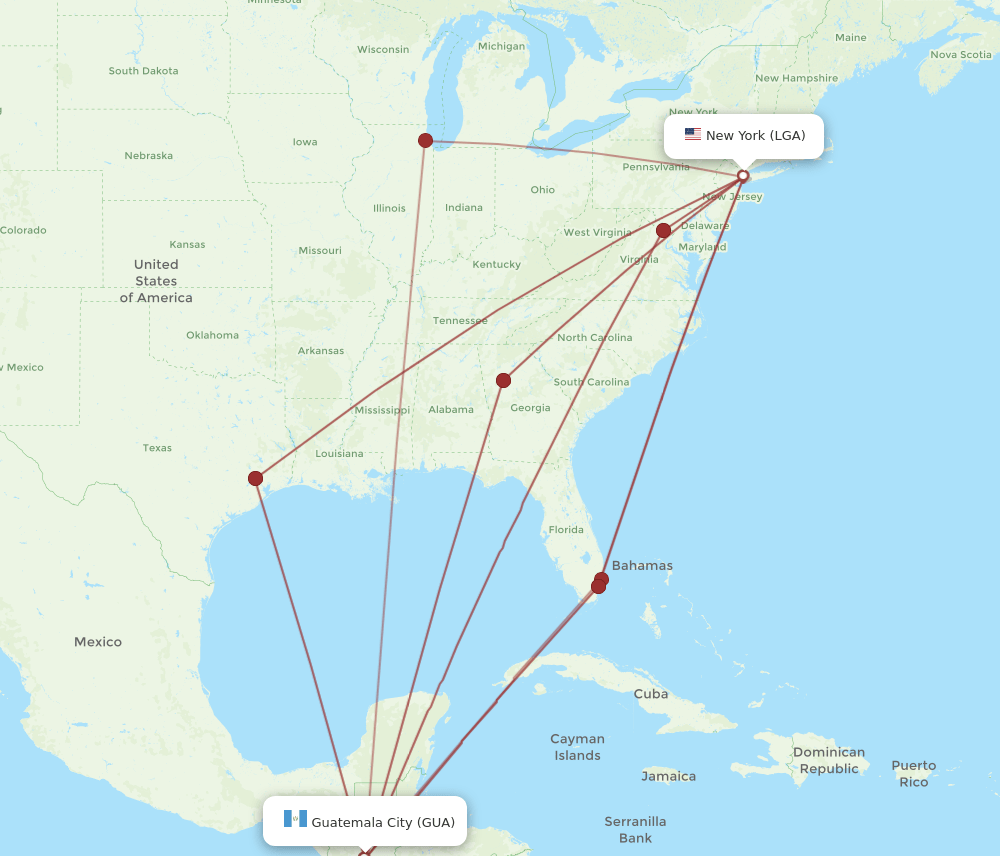 GUA to LGA flights and routes map