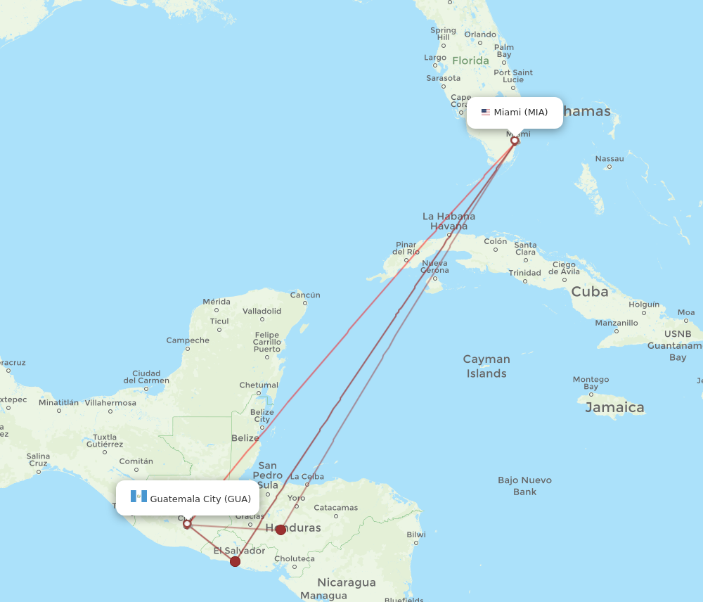 GUA to MIA flights and routes map