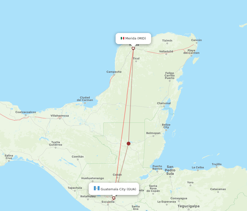 Guatemala City - Merida route map and flight paths