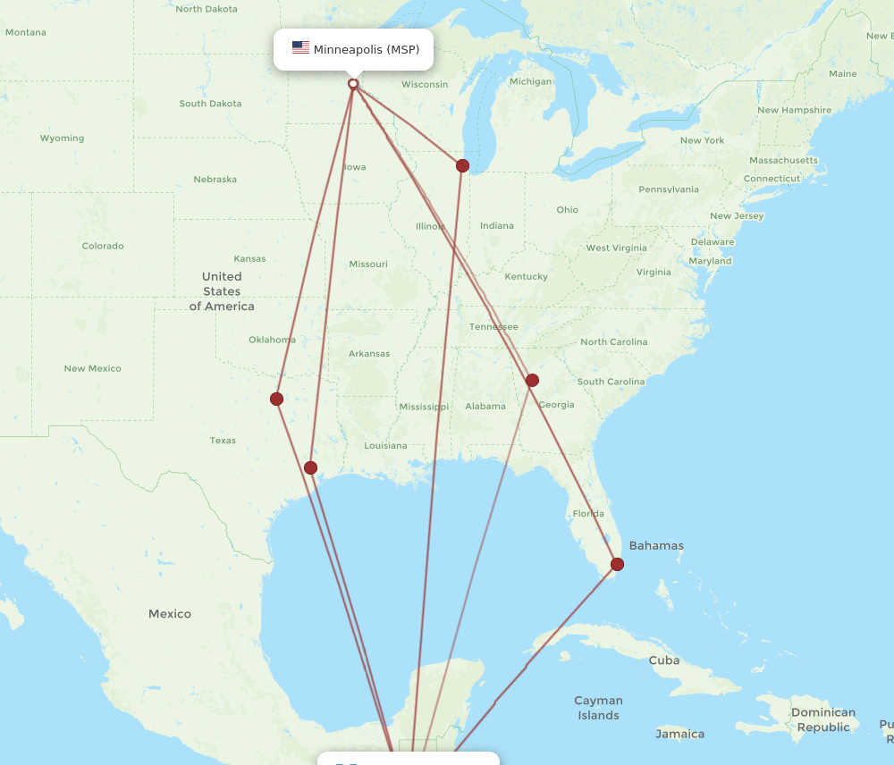 GUA to MSP flights and routes map