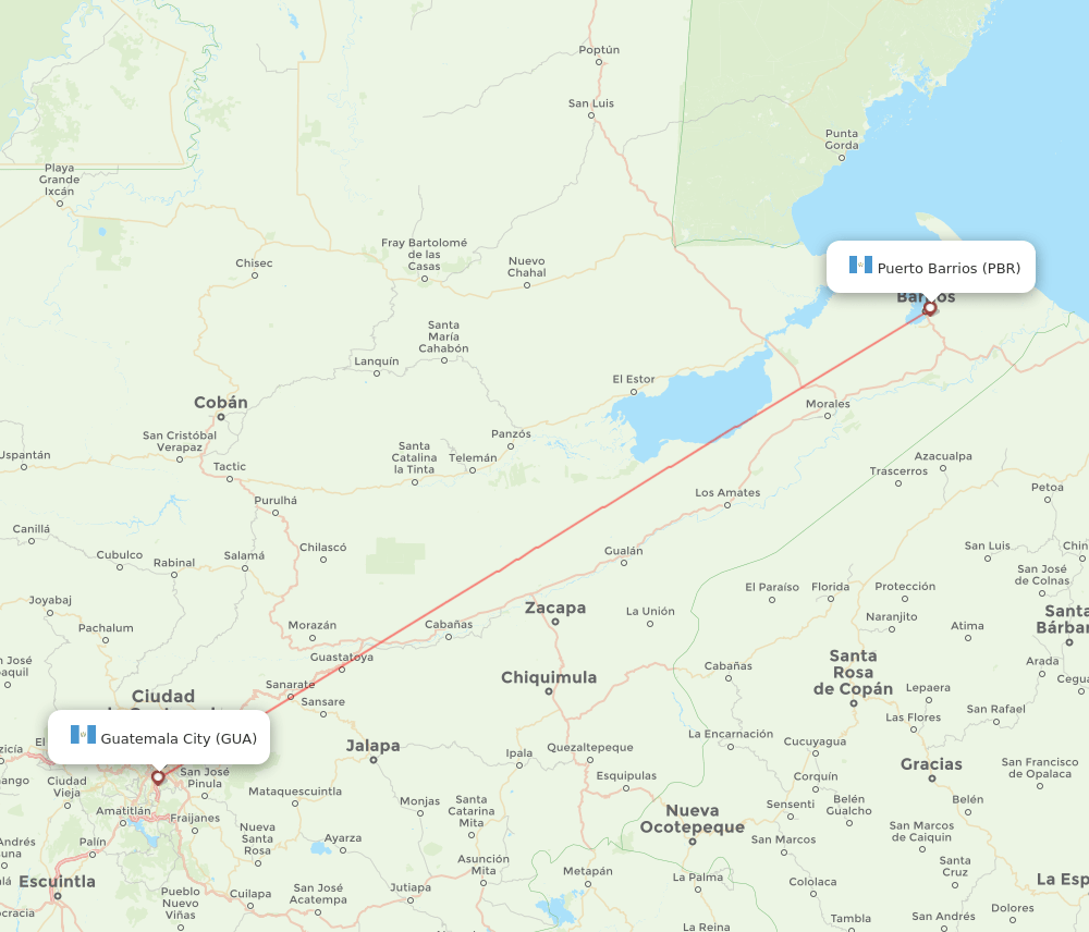 Guatemala City - Puerto Barrios route map and flight paths
