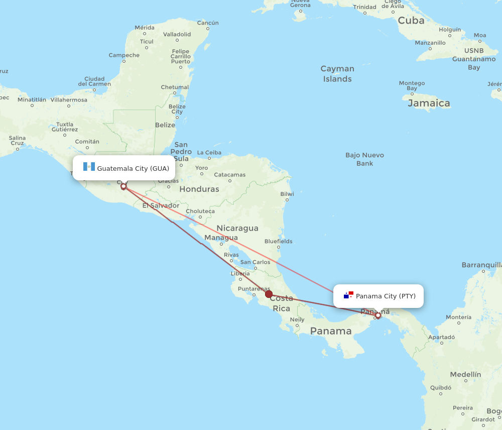 GUA to PTY flights and routes map