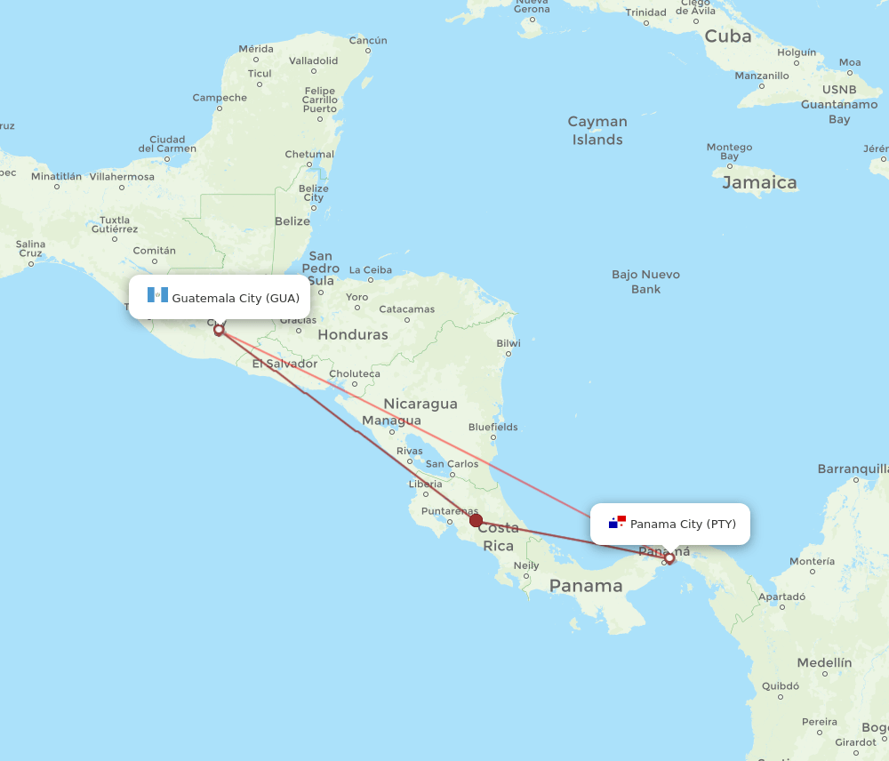 GUA to PTY flights and routes map