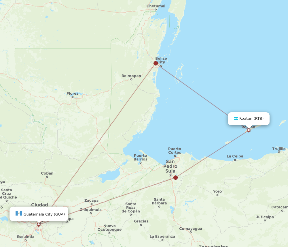 GUA to RTB flights and routes map