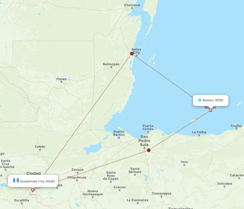 GUA to RTB flights and routes map