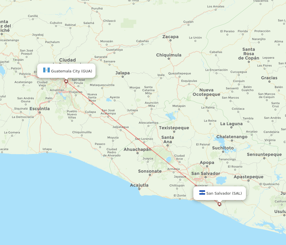 Guatemala City - San Salvador route map and flight paths