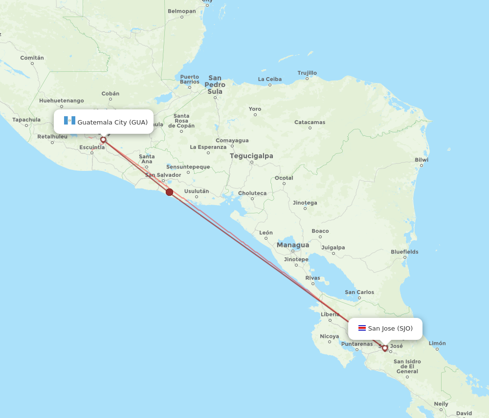 GUA to SJO flights and routes map