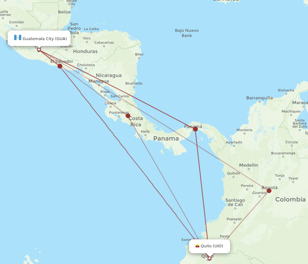 GUA to UIO flights and routes map