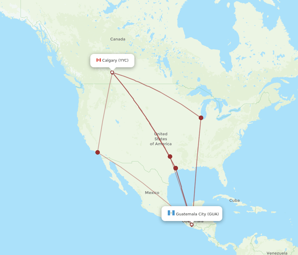 Calgary - Guatemala City route map and flight paths