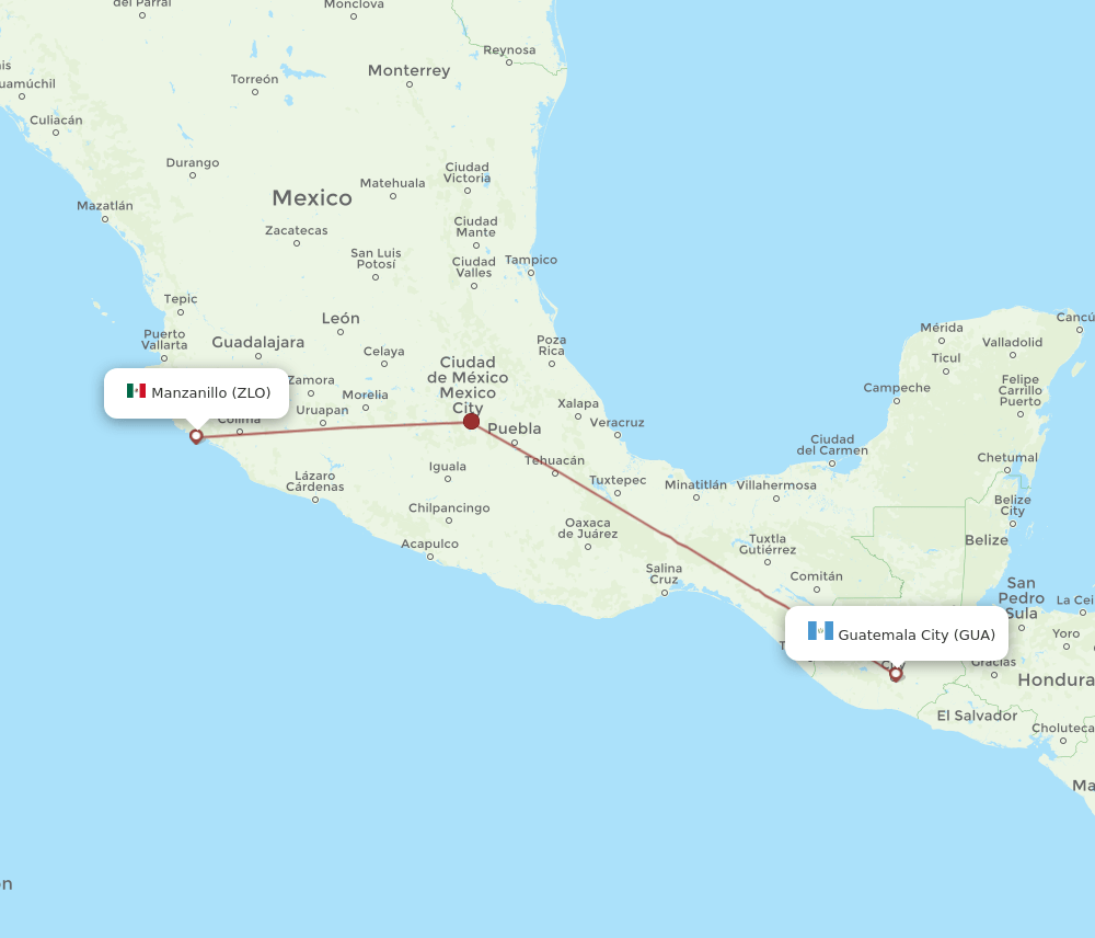 Manzanillo - Guatemala City route map and flight paths