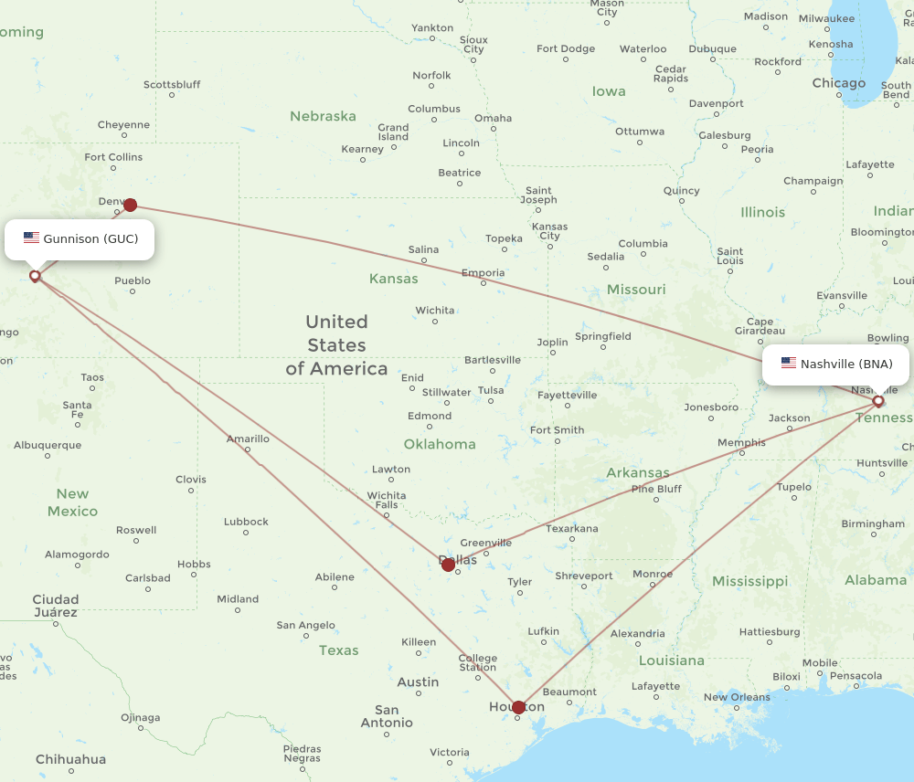 GUC to BNA flights and routes map