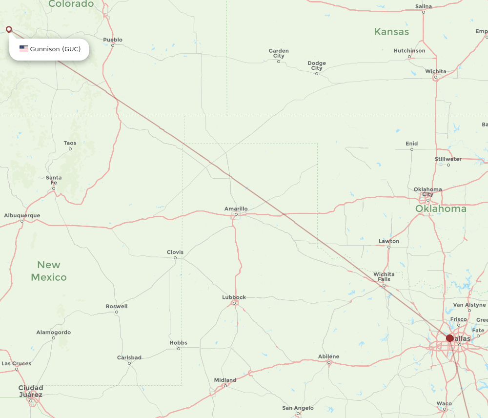 Gunnison - College Station route map and flight paths