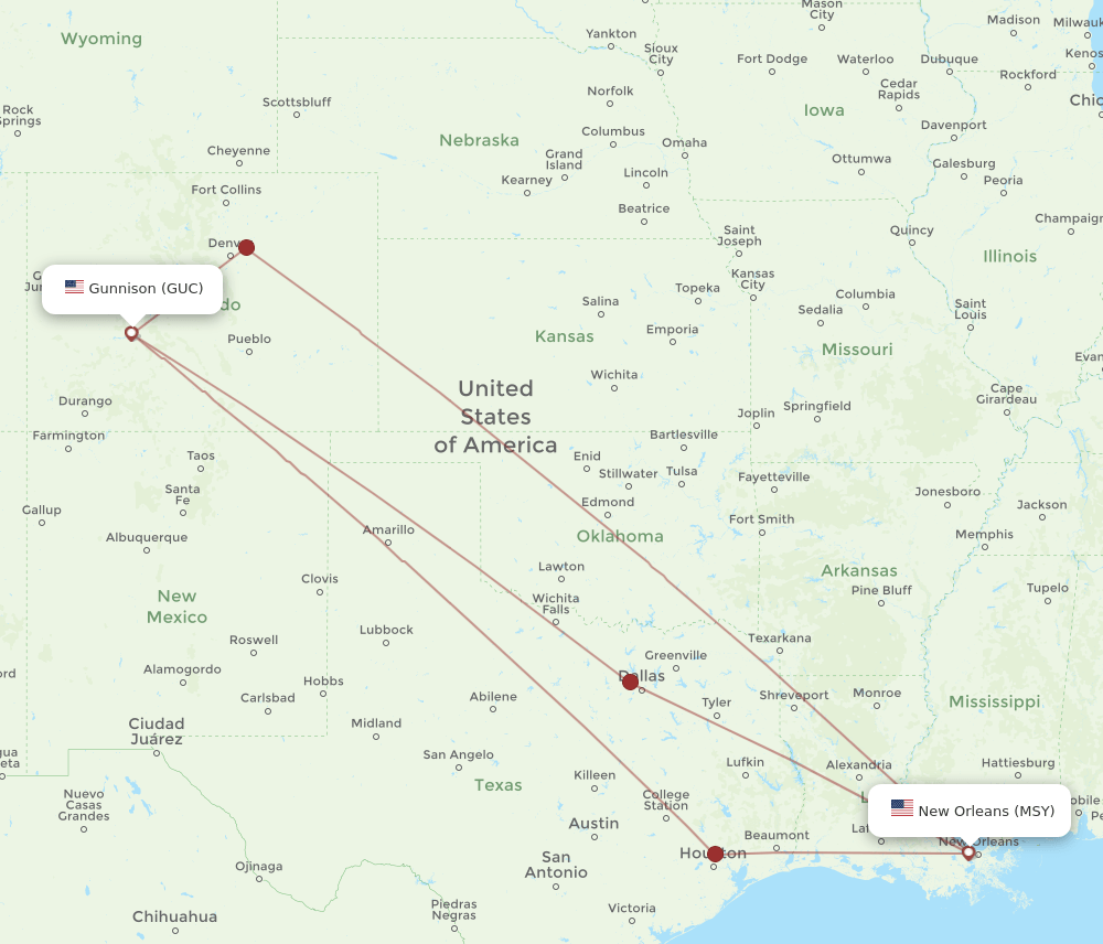 GUC to MSY flights and routes map