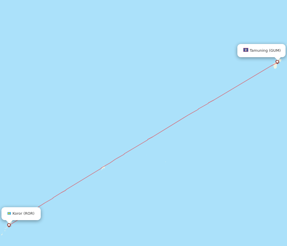 Guam - Koror route map and flight paths