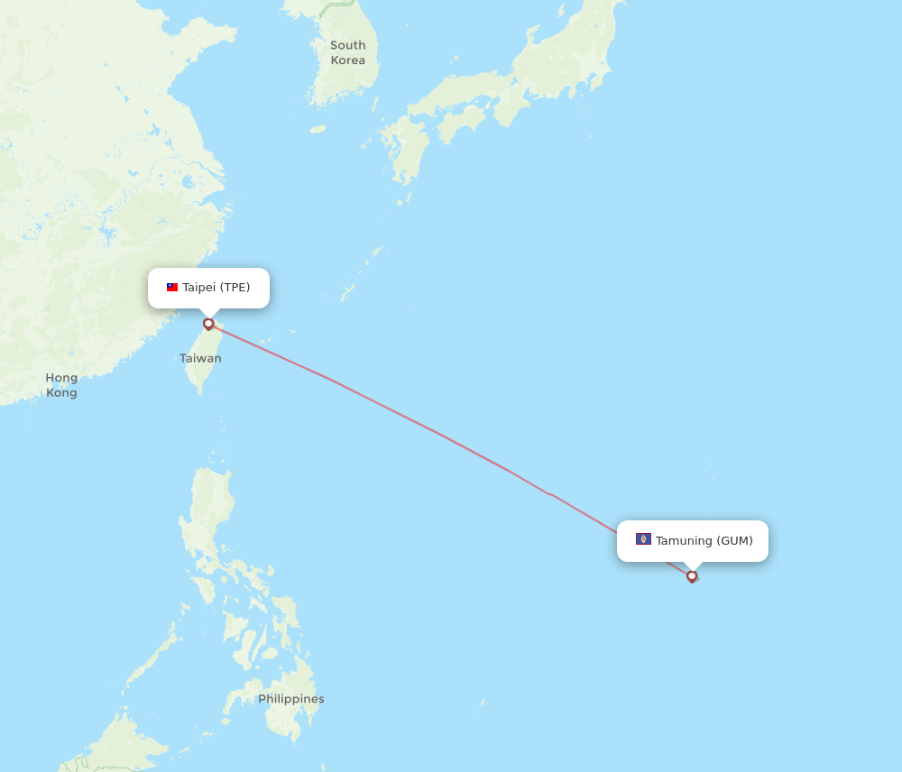Guam - Taipei route map and flight paths